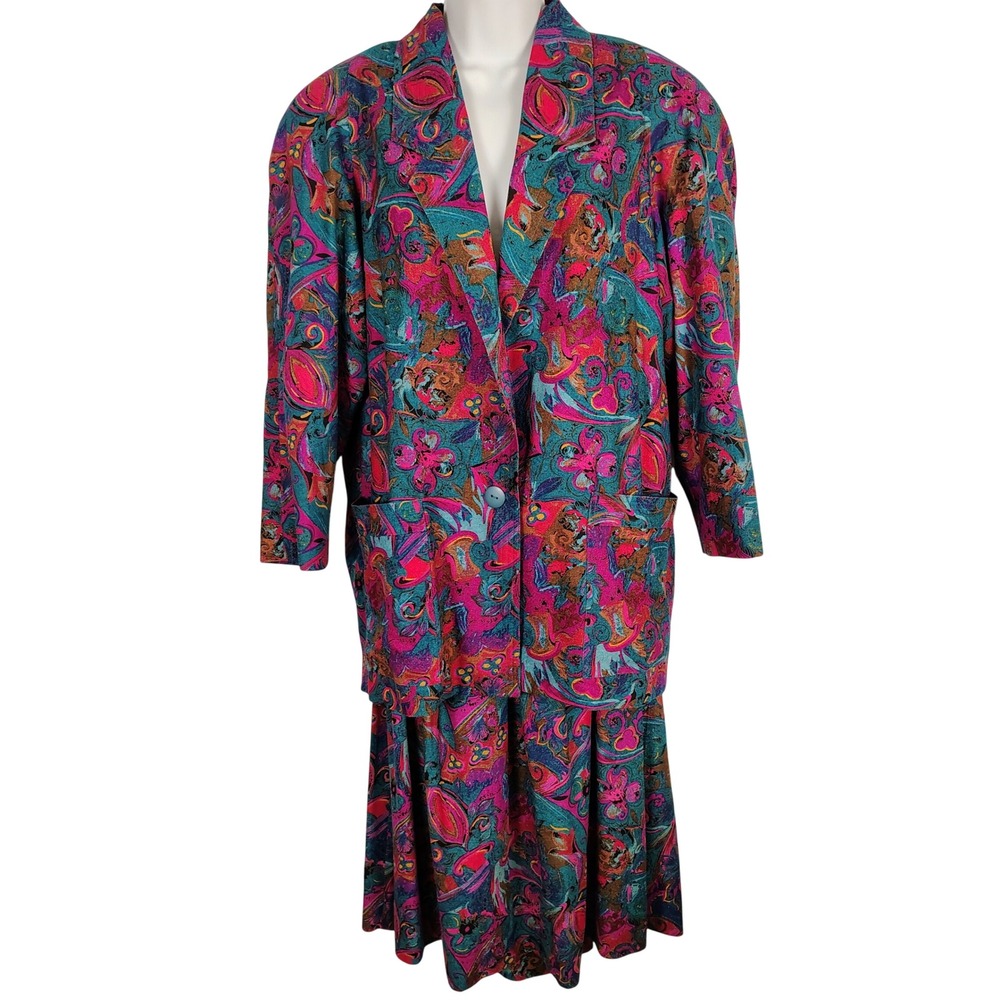 La Fleur Vintage 100% Raw Silk 2 Piece Skirt Suit Set Abstract Floral‎ Pink Teal